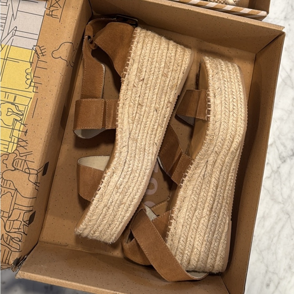 Soludos Tan Suede Espadrille Platform Sandals with Ankle Strap